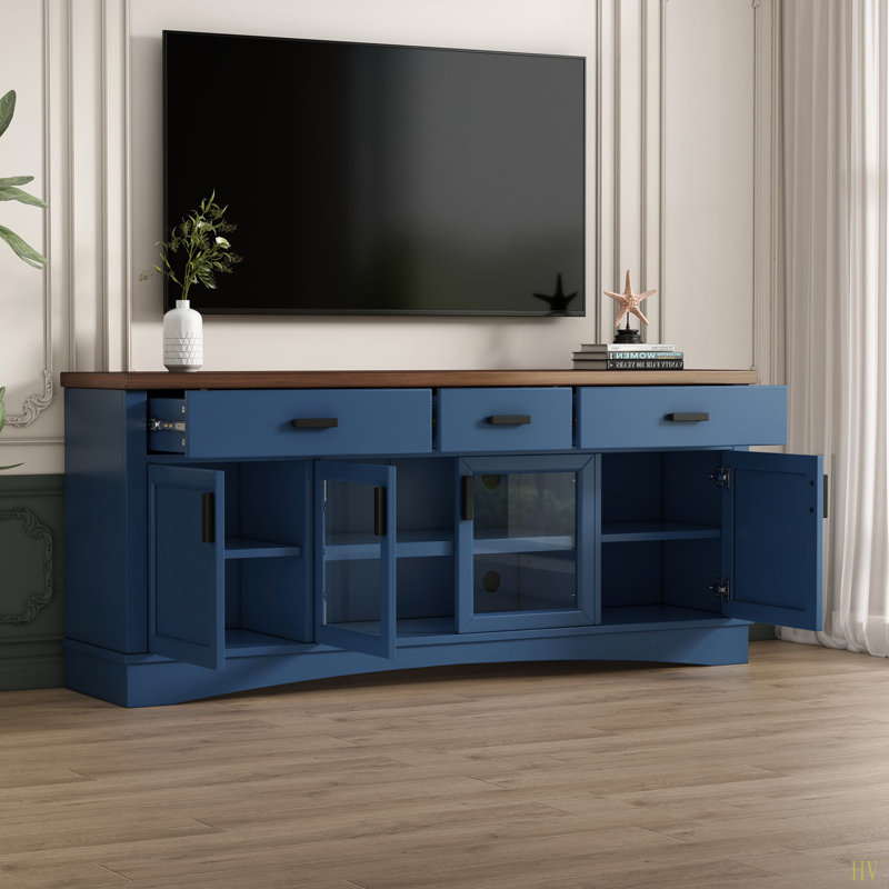 Console de télévision moderne, meuble télé d'une largeur de 67 po, portes et tiroirs de rangement en verre, tablettes réglables