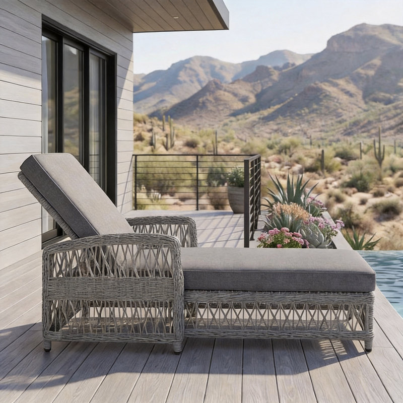 Outdoor Adjustable Reclining Chaise with Armrests & Removable Cushions, Gray