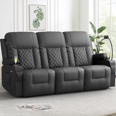 3-Seater Recliner Sofa with Cup Holders, USB Ports, Manual Reclining, and PU Leather for Living Room by Latitude Run