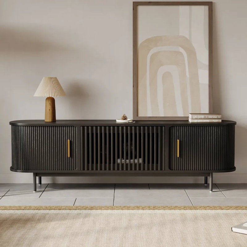 Meuble télé Mid-Century moderne, entièrement assemblé, H 21,25 po x L 70,87 po x l 15,75 po, Noir