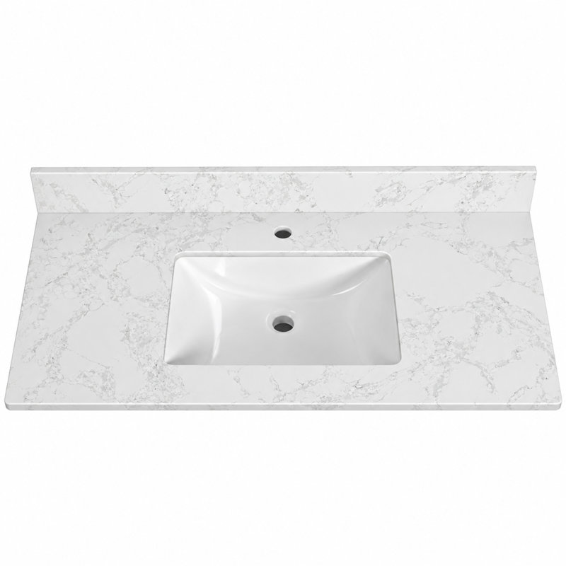 Plan de toilette simple en quartz de 124,5 cm x 56 cm avec lavabo encastré en céramique et dosseret de 10 cm.