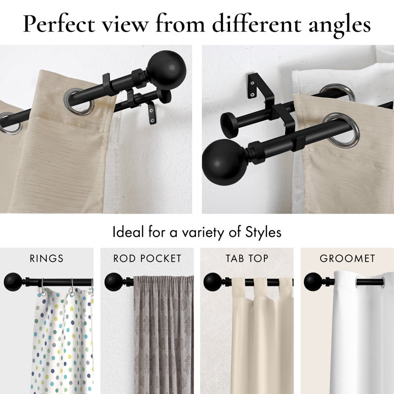 Eijah Adjustable Double Curtain Rod, Black, 28" - 48"
