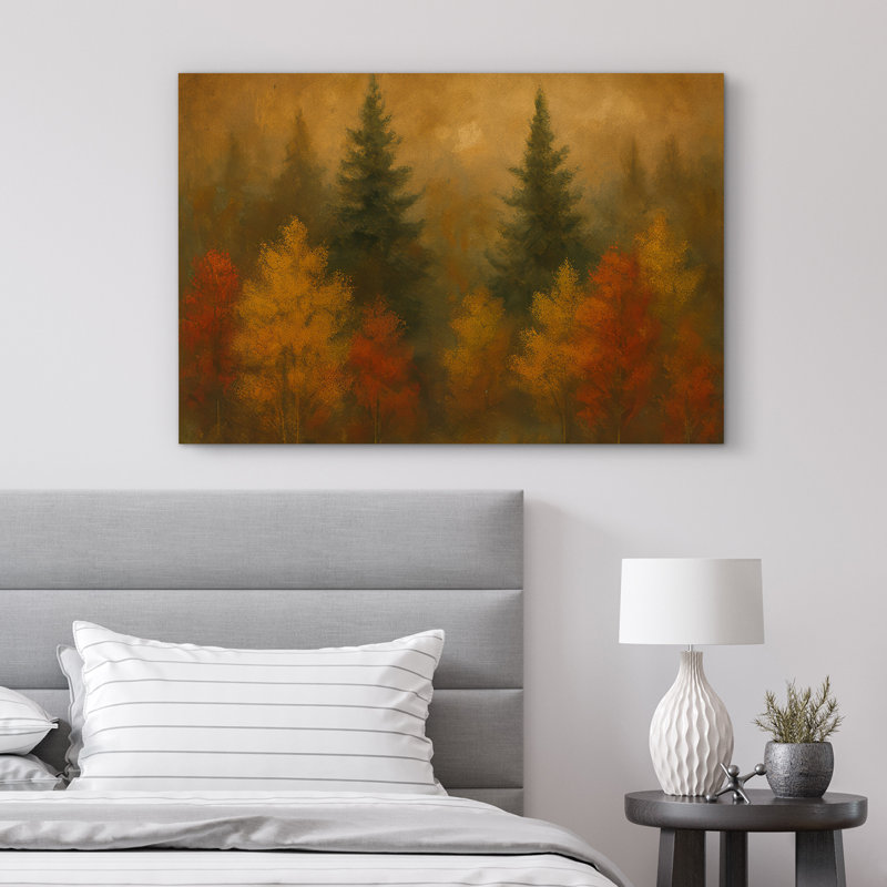 «Autumn Forest Landscape Warm Golden Trees Nature Serenity», reproduction d'art sur toile encadrée, H 32 po x l 48 po