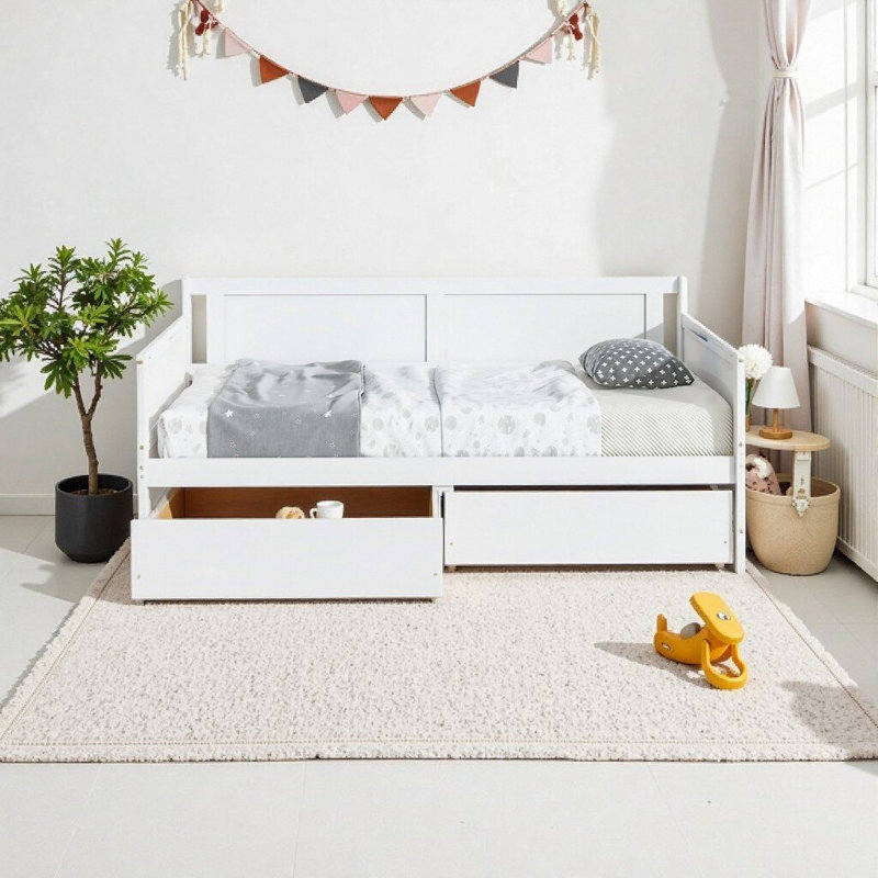 Canapé-lit simple en bois de pin massif avec 2 tiroirs de rangement cachés, blanc - Lit de jour peu encombrant pour les chambres d'amis ou les petites pièces