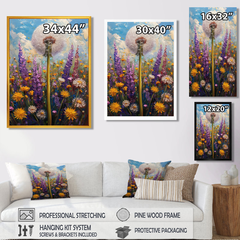 Pissenlit blanc blanc mauve d'été I - art mural pissenlit, Cadre simple noir, H 16 po x l 32 po