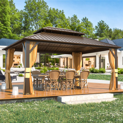 Heavy-Duty Aluminum Gazebo with Galvanized Steel Double Roof, Hardtop Outdoor Canopy with Curtain & Mosquito Netting for Patio Deck & Hot Tub