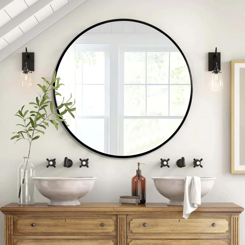 Metal Round Bathroom Mirror, 42" x 42", Black