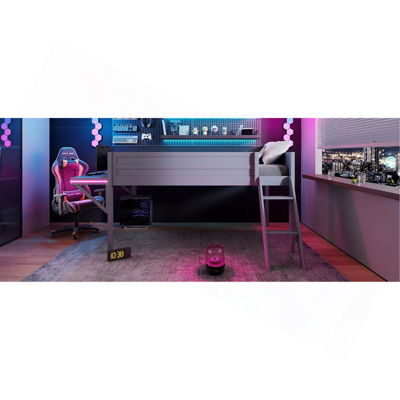 Lit mezzanine en bois avec bureau et DEL, gris, Lit simple