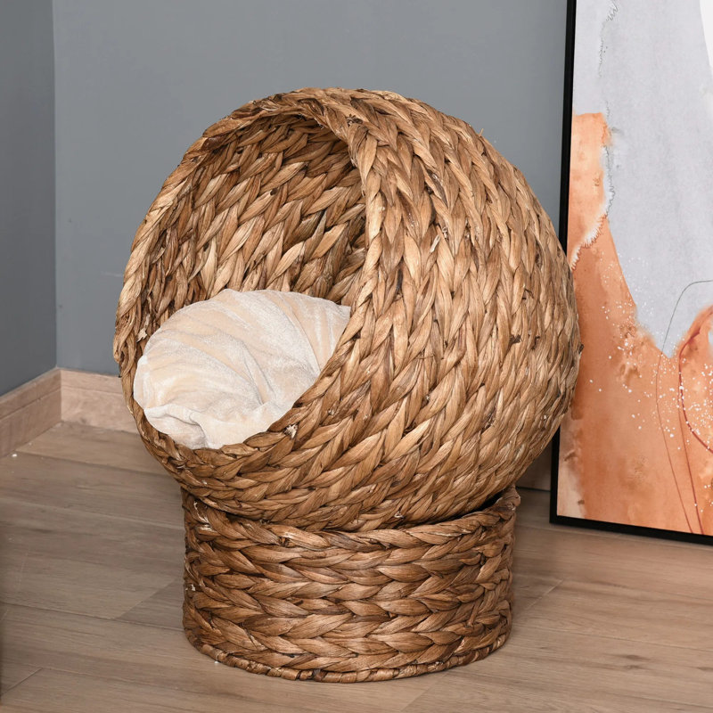 Lit pour chat surélevé en osier fait à la main avec coussin moelleux, nacelle rotative en forme d'œuf pour chatons d'intérieur