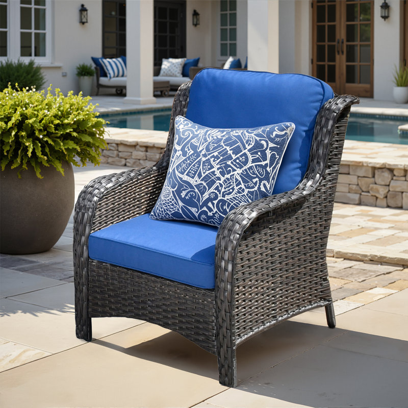 Guillen Wicker/rattan Patio Chair With Cushions, Blue Cushion/Brown Frame
