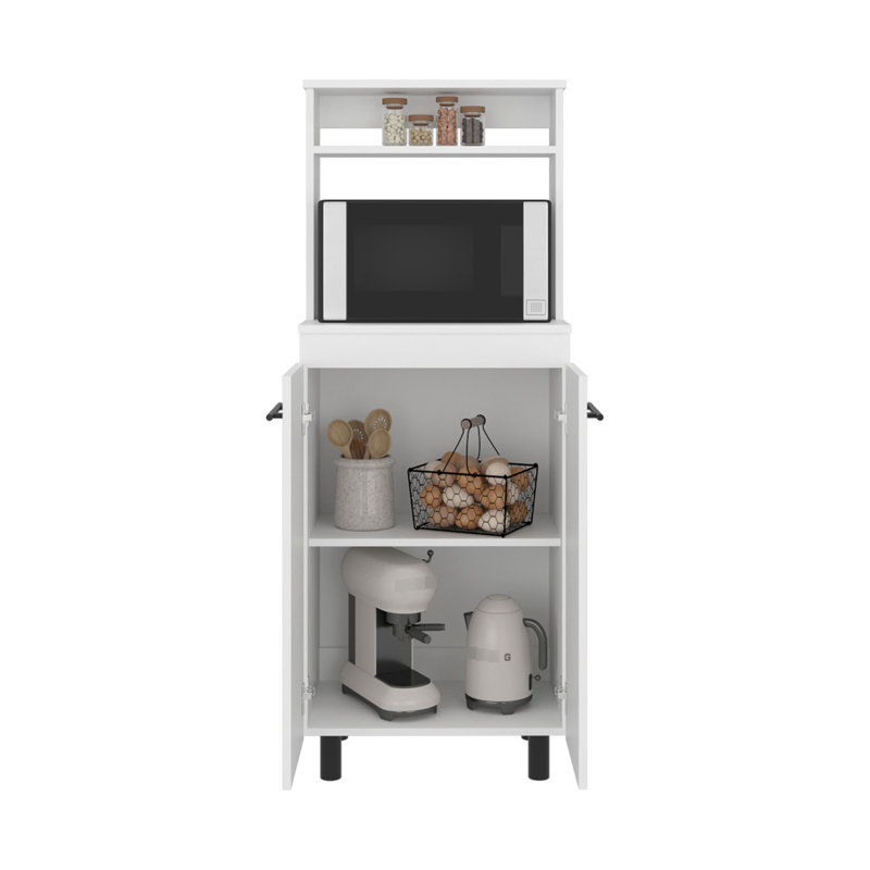 Buffet de cuisine blanc autoportant avec armoire à 2 portes, tablettes et comptoir compact pour les appareils de salle à manger