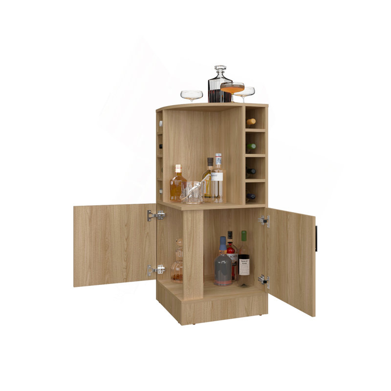 Bar de coin Toyei avec porte-bouteilles, tablettes ouvertes et rangement caché, Bois naturel