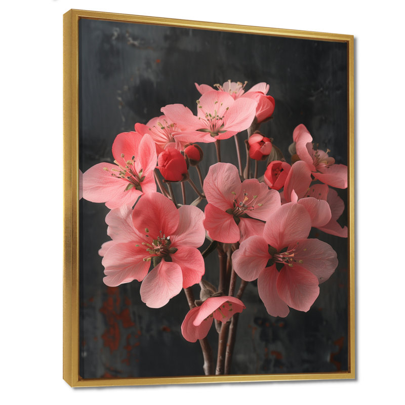 Rose et rose vibrant Bouquet de fleurs de pommier II, Cadre flottant doré, H 34 po x l 44 po
