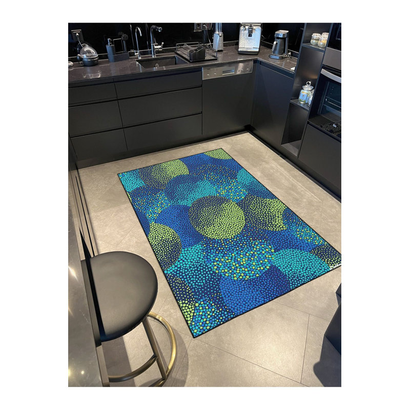 Tapis lavable décoratif à pois tissé bleu et vert, Tapis de couloir 4 pi 11 po x 9 pi 10 po inclus