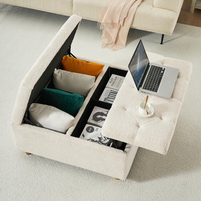 Square Storage Ottoman, 35'' Large Sherpa Fabric Tufted Upholstered Coffee Table with Lift Top, Modern Storage Bench for Living Room, Foot Rest for Bedroom, Entryway, Beige