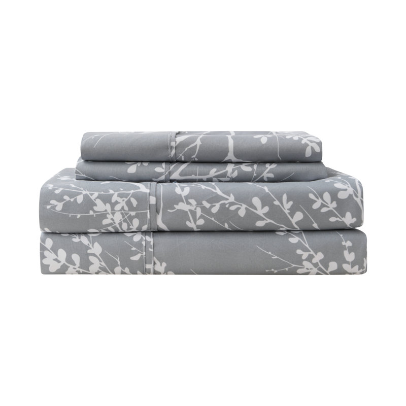 Microfiber Floral Sheet Set, King Sheet Set + 1 Fitted Sheet + 2 Pillowcases, Gray