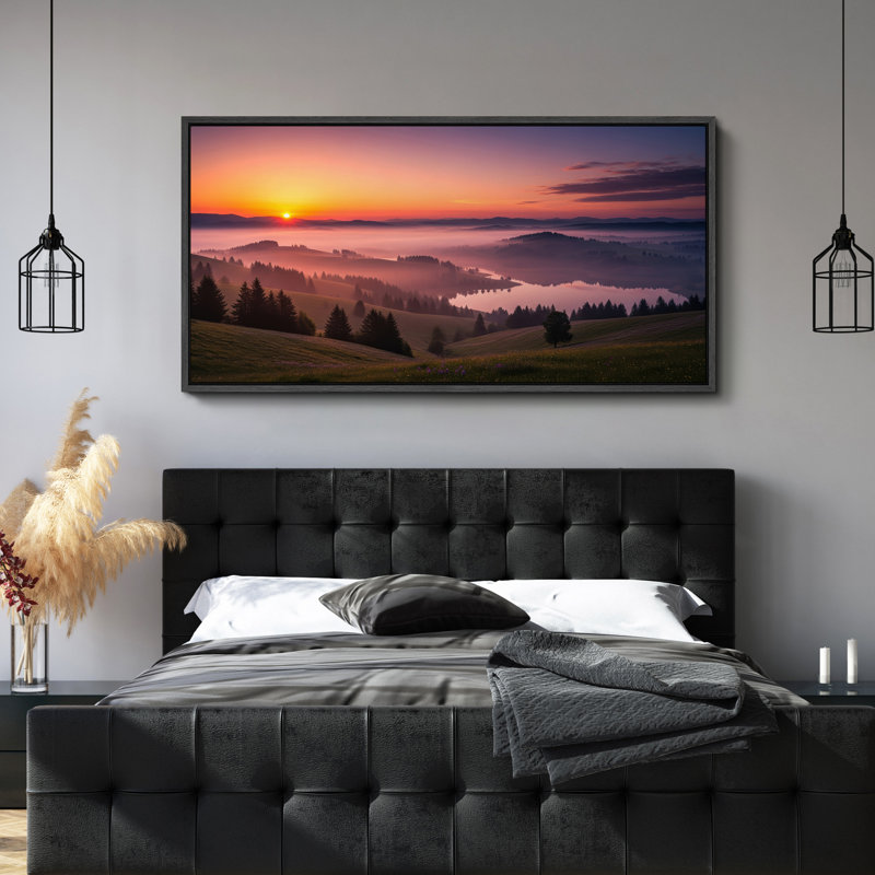 «Sunrise Over Misty Lake and Rolling Hills», art mural sur toile - Photographie de paysage serein pour des intérieurs rustiques ou modernes
