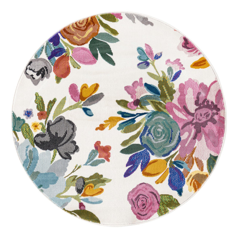 Tapis à motif floral vert / mauve / bleu / ivoire / gris / orange Aludra, Rond 3 pi 3 po