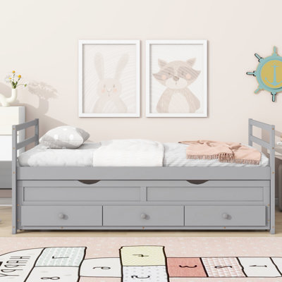 Bed With Headboard, Footboard, Trundle And Three Storage Drawers, Pine Wood Bed With Headboard, Footboard