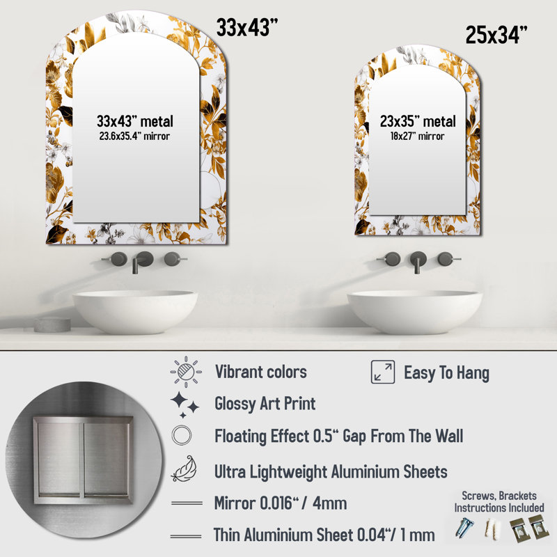 Floral Gold Glam Blossoming Wild White Roses II - White Traditional Arch Wall Mirror, 34" x 25"