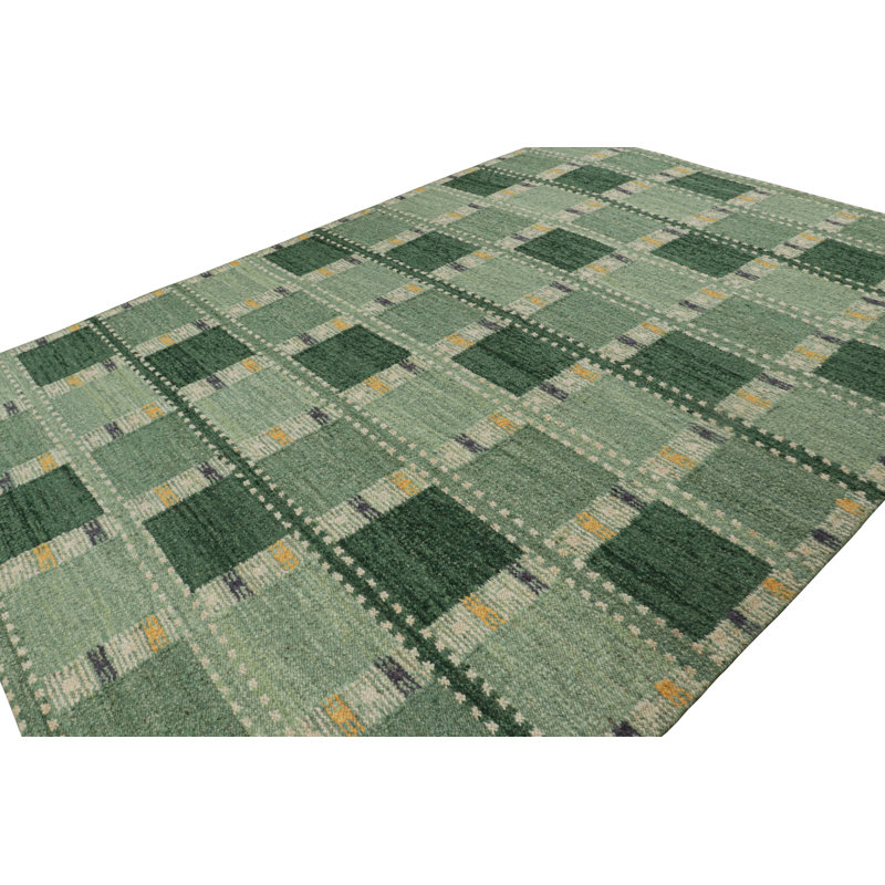 Rug & Kilim’S Scandinavian Rug In Green Tones, With Geometric Patterns, Rectangle 10' x 14'