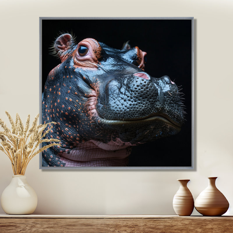 Décoration murale hippopotame sur fond noir II - Hippopotame animal, Encadrement argenté, H 36 po x l 36 po x P 1,5 po