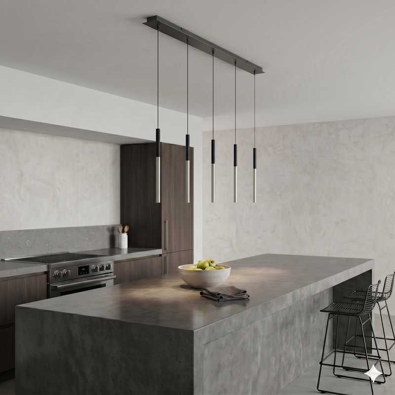 Luminaire suspendu cylindrique à DEL 5 lumières pour îlot de cuisine Baileyton, Dessus noir / nickel brossé
