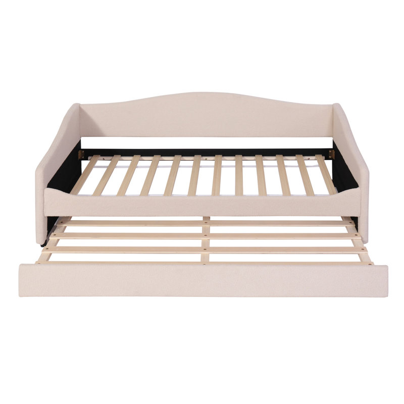 Teddy Fleece Twin Size Upholstered Daybed With Light And Trundle, Beige, Twin