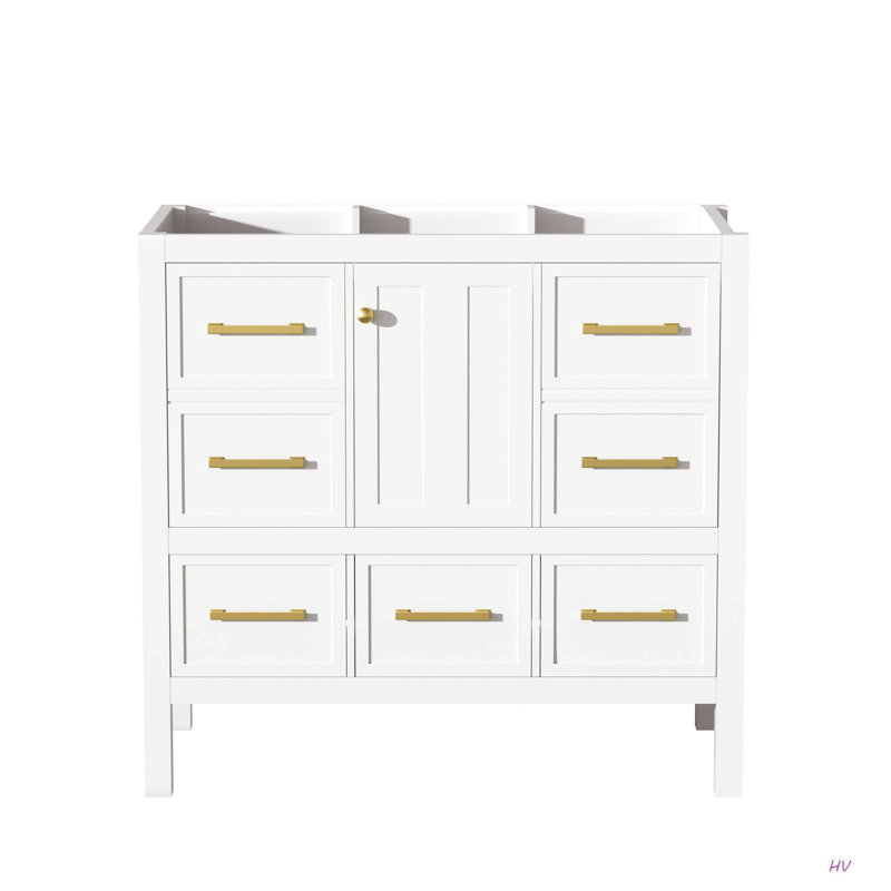 Meuble-lavabo de 36 po sans lavabo, armoire de rangement en bois massif, meuble-lavabo autoportant avec 5 tiroirs et portes à fermeture douce