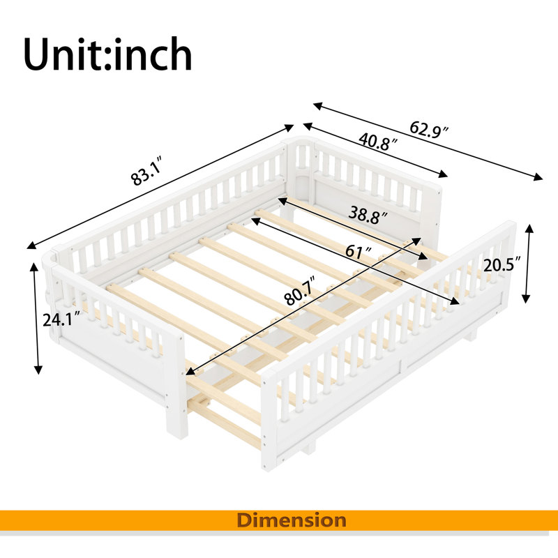 Lit plateforme avec garde-corps, structure de lit en bois massif, peut être converti en lit plateforme double, Blanc