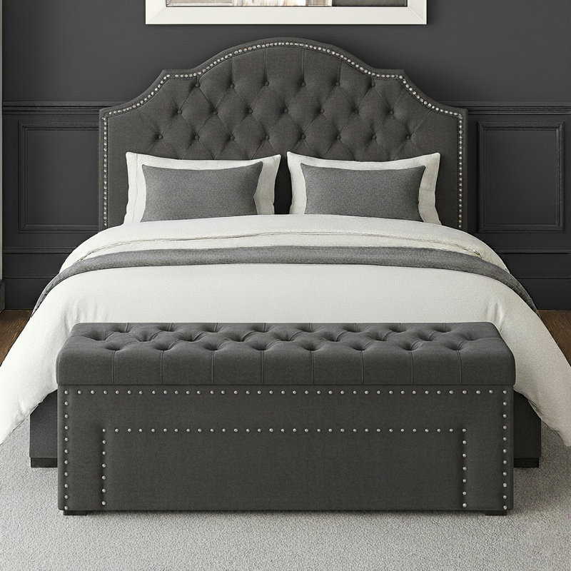 Duke Ottoman Storage Box - Chesterfield Upholstered Blanket Box - Plush Velvet Ottoman Bench with Storage, Steel Grey