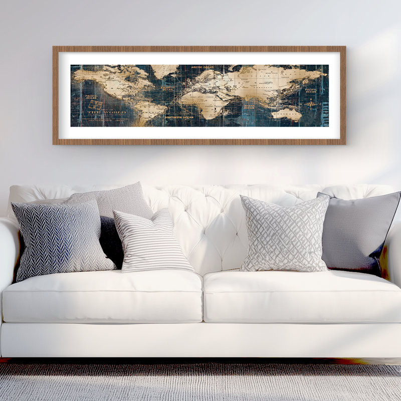 Abstract World Map - Beige Cities Framed Matted Print Decor