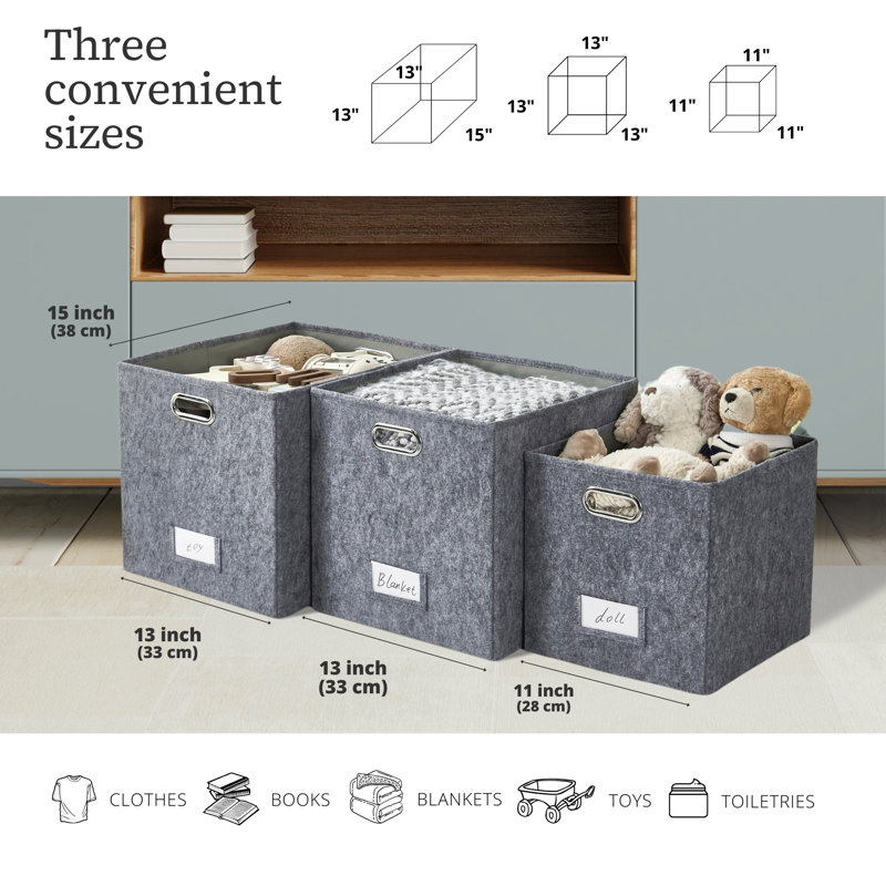 Collapsible Felt Cube Storage Bin with Label Holder and Metal Handles, Dark Gray, 38 qt