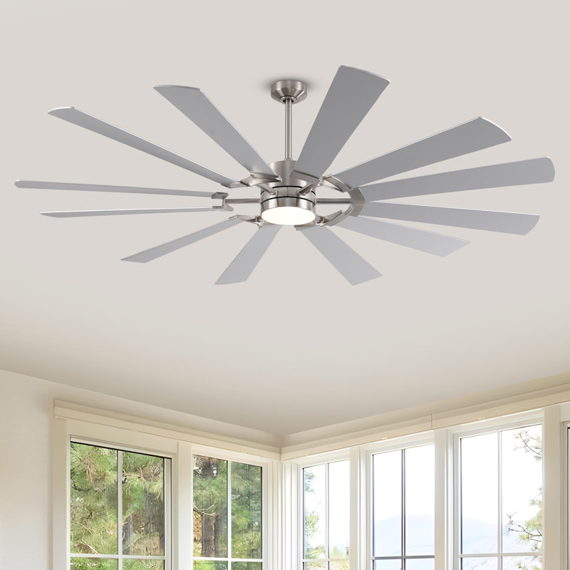 Large 12 Blades Ceiling Fan With Light, Modern Ceiling Fan For Indoor And Outdoor Use, Reversible Dc Motor, Dual Finish Blades In Silver & Walnut, Ceiling Fan With Remote