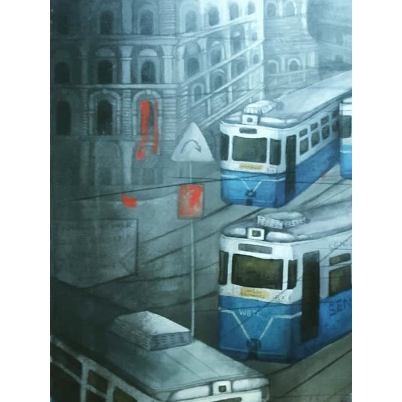 «Rail Train Stand in Kolkata», peinture acrylique sur toile par Payel Mitra