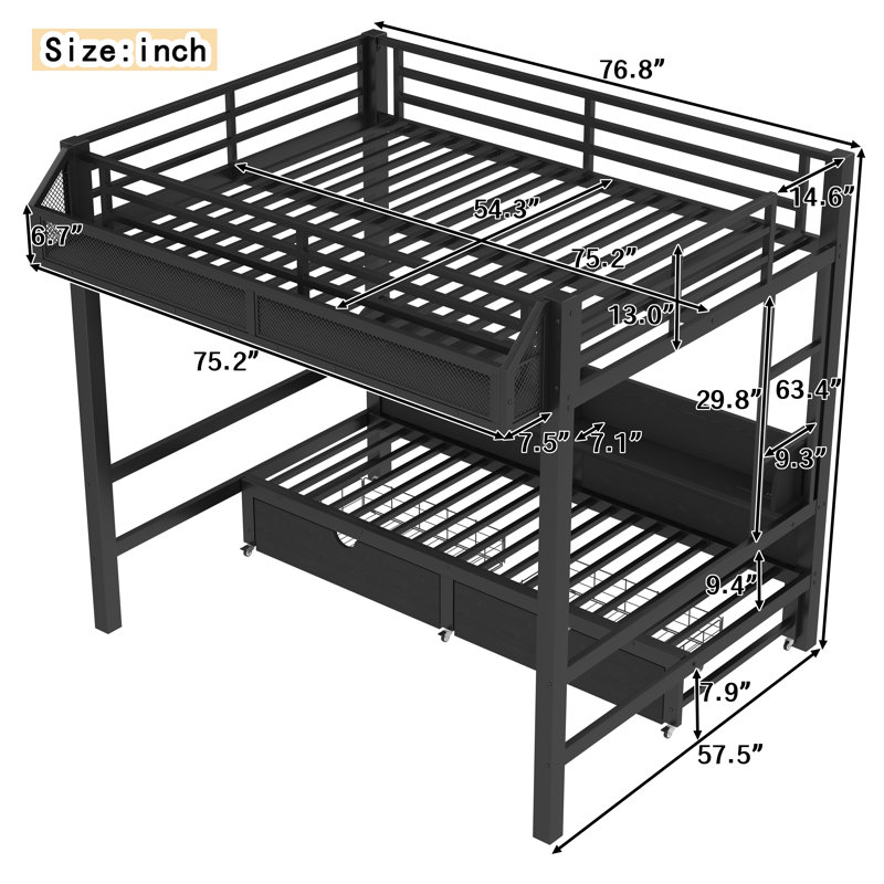 Full Over Full Metal Bunk Bed with Storage Shelves & Drawers, USB Ports, LED Lights & Convertible Sofa – Black, Black