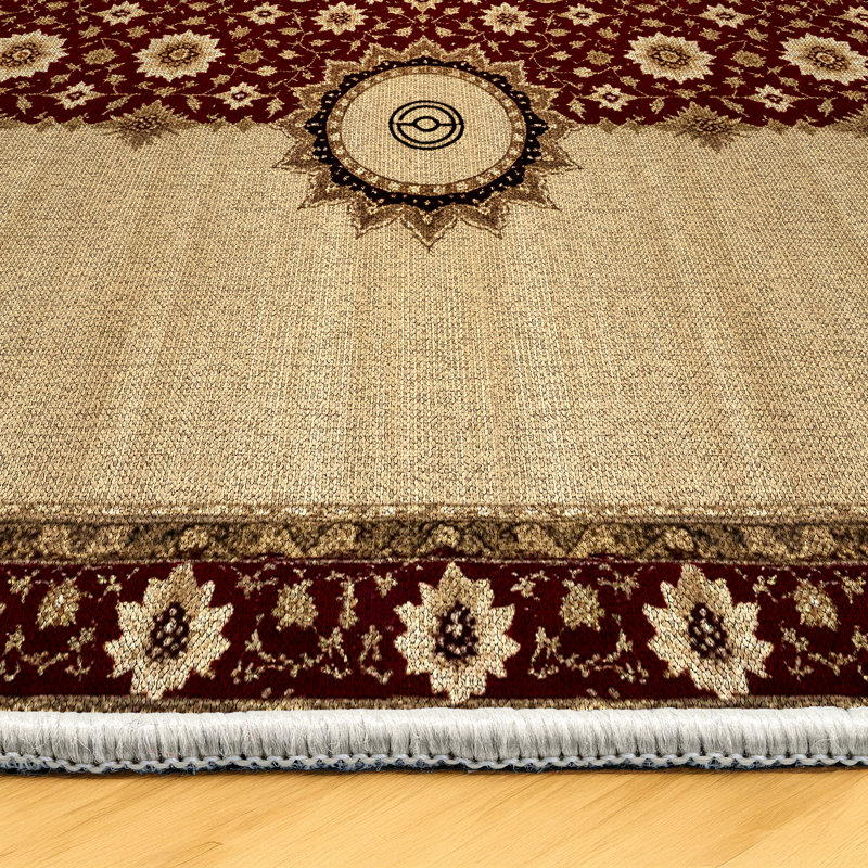 Minasa Collection Digital Print Cotton-Polyester Beige Burgundy Oriental Rug, Round 3'4"