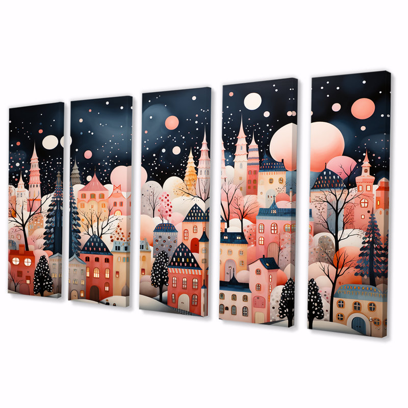 Art déco, village d'hiver, peinture I - Art déco urbain 5 pièces, H 32 po x l 80 po