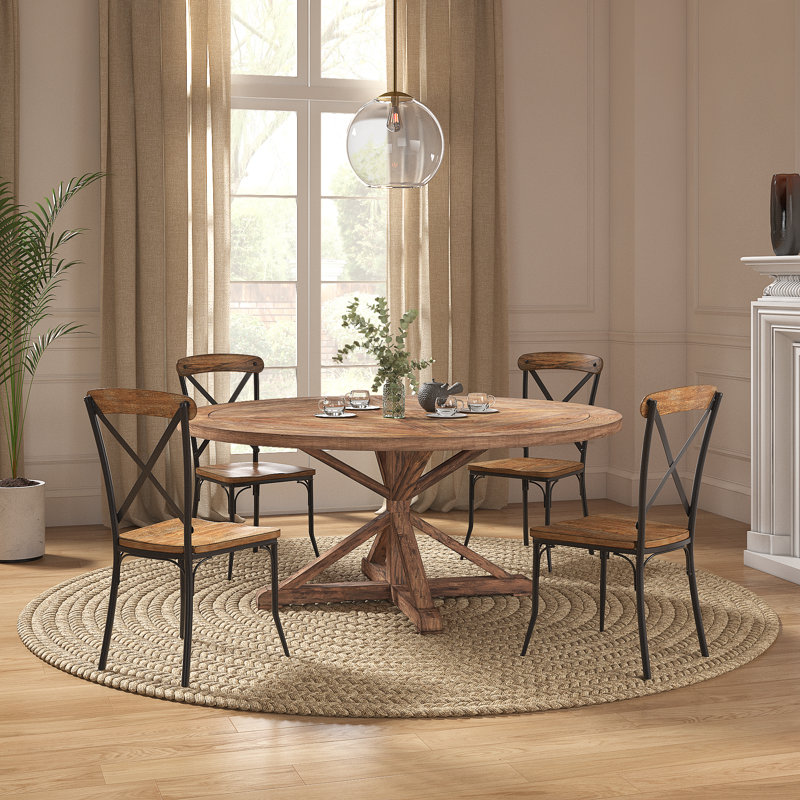 Diskin Rustic X-Base Round Pine Finish Dining Table Set - Table And 4 X-Back Metal Chairs, Light Distressed Natural
