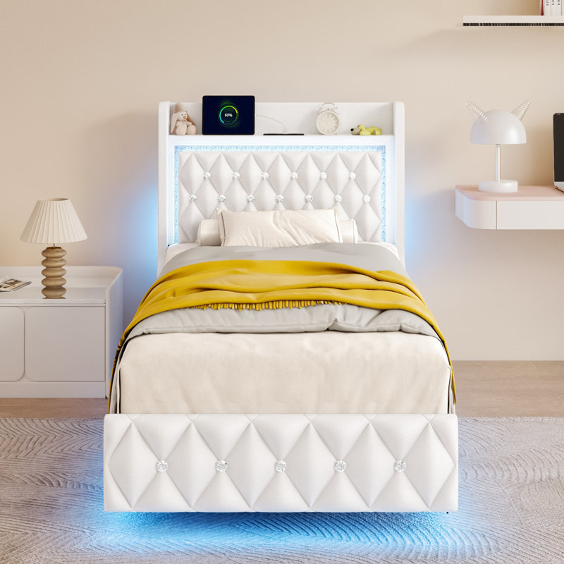 Floating Twin Bed Frame With LED Light, Upholstered Platform PU Leather Bed With Charging Station & Wingback, Diamond Tufted Storage Headboard & Footboard, No Box Spring Needed