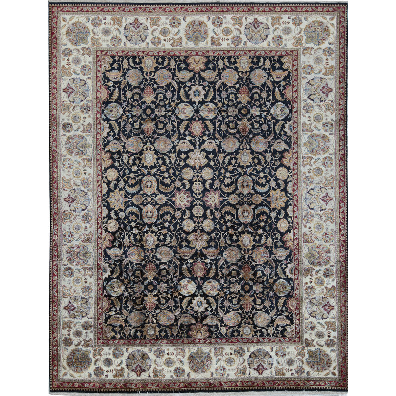 Tapis noir et ivoire de haute qualité noué à la main