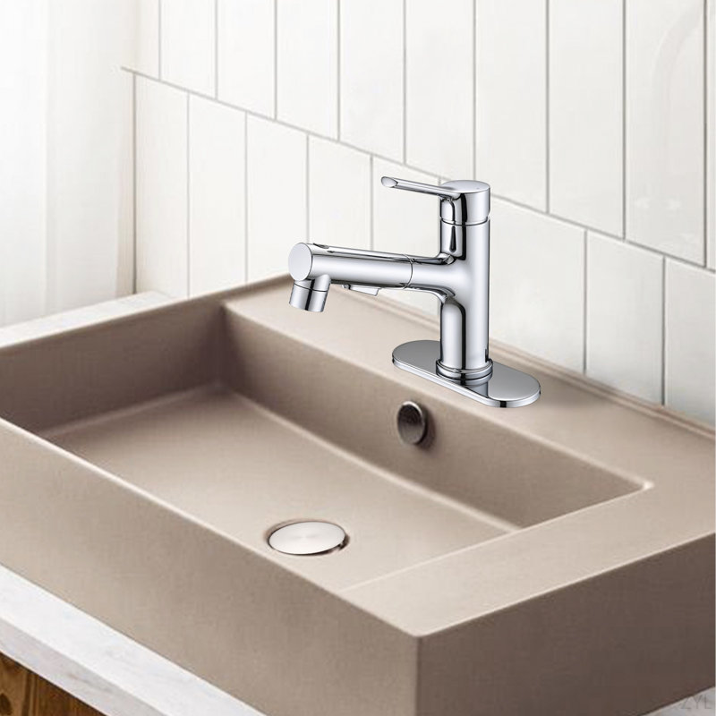 Bathroom Sink Faucet With Pull Out Sprayer, Single Handle Modern Bathroom Basin Faucet With Pop-Up Sink Drain Stopper & Deck Plate