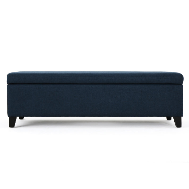 : Rangement spacieux en tissu bleu marine et pieds en bouleau avec toile de bois