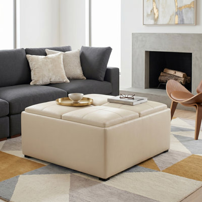 Avalon 35"W Upholstered Vegan Leather Modern Square Coffee Table Storage Ottoman with 4 Flip-Over Trays