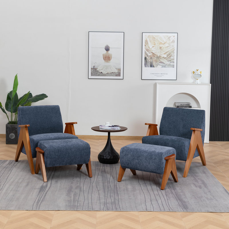 Upholstered Chenille With Footstool Armchair, Blue, 2