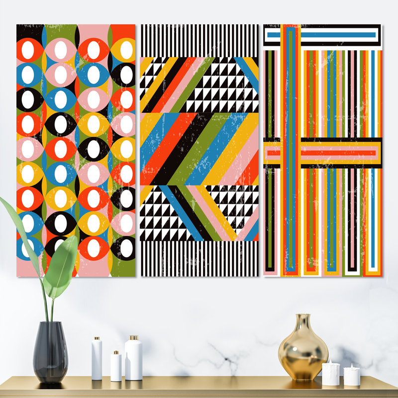 Formes géométriques abstraites minimalistes en couleurs rétro IV - ensemble d'art moderne Mid-Century de 3 pièces