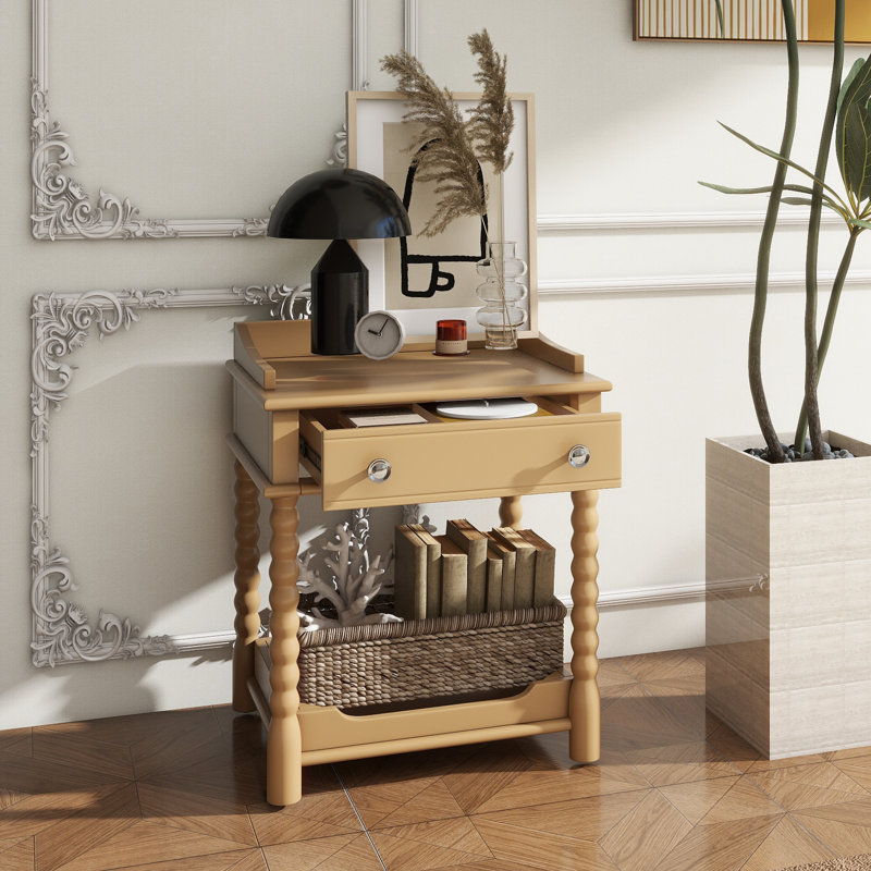 Retro Style Nightstand With Drawer And Open Shelf For Bedroom, Bedside Table With Turned Legs And Metal Handle,, Nutural