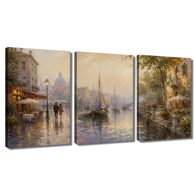 Impression sur toile tendue sur toile à 3 panneaux, art de Venise rétro