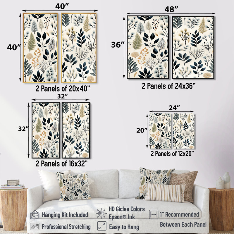 Décoration murale botanique monochrome - plantes florales, Toile tendue, Ne s’applique pas, H 36 po x l 48 po