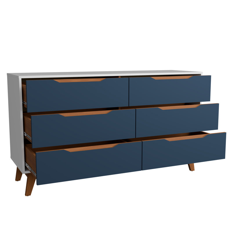 Commode 6 tiroirs Rio avec poignées intégrées et base en bois, Blanc / Bleu